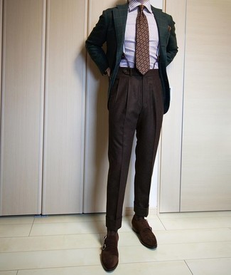 С чем носить темно-зеленую куртку мужчине осень в деловом стиле: Темно-зеленая куртка и темно-коричневые классические брюки — отличный выбор для выхода в свет. Темно-коричневые замшевые монки с двумя ремешками станут великолепным завершением твоего образа. Однозначно, подобное сочетание будет смотреться невероятно по моде в ласковый осенний денек.
