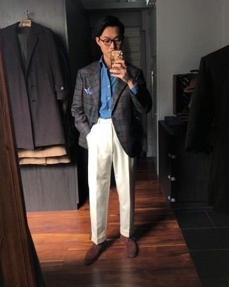 Какие пиджаки носить с синей классической рубашкой в 30 лет мужчине в деловом стиле: Комбо из пиджака и синей классической рубашки позволит реализовать элегантный мужской стиль. Темно-коричневые замшевые броги органично дополнят этот образ.
