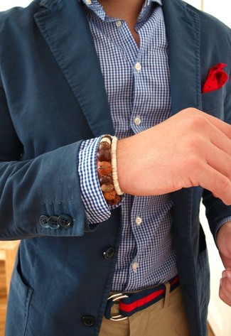 Мужской красно-темно-синий ремень из плотной ткани в горизонтальную полоску от Gucci