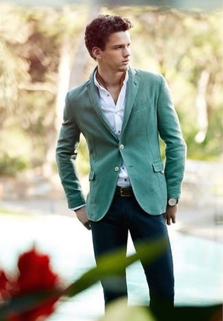 Какие рубашки с длинным рукавом носить с зеленым пиджаком мужчине в стиле смарт-кэжуал: Сочетание зеленого пиджака и рубашки с длинным рукавом выглядит бесподобно, согласен?