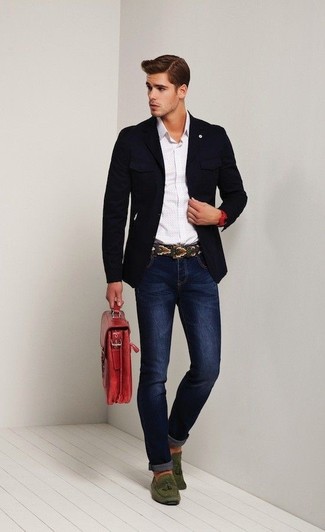 Какие пиджаки носить с синими зауженными джинсами мужчине: Пиджак и синие зауженные джинсы — отличная идея для расслабленного, но стильного мужского образа. Опасаешься выглядеть несолидно? Заверши этот образ оливковыми замшевыми лоферами с кисточками.