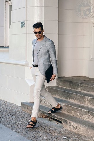 Как носить сандалии с пиджаком мужчине: Пиджак в сочетании с белыми брюками чинос — необыденный выбор для рабочего дня в офисе. Чтобы образ не получился слишком претенциозным, можешь закончить его сандалиями.