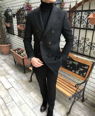 Какие водолазки носить с черными классическими брюками мужчине: Сочетание водолазки и черных классических брюк позволит создать стильный и привлекательный лук. Вместе с этим образом гармонично смотрятся черные замшевые ботинки челси.