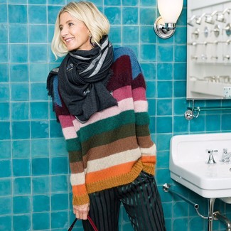 Женский разноцветный свитер с круглым вырезом в горизонтальную полоску от DELPOZO