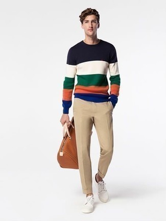 Мужской разноцветный свитер с круглым вырезом в горизонтальную полоску от Daniele Alessandrini