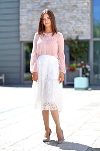 Белая кружевная юбка-миди со складками от Lela Rose