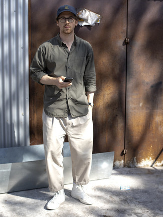 Мужская оливковая рубашка с длинным рукавом от AMI Alexandre Mattiussi