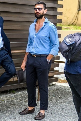 Мужская голубая рубашка с длинным рукавом из шамбре от Polo Ralph Lauren
