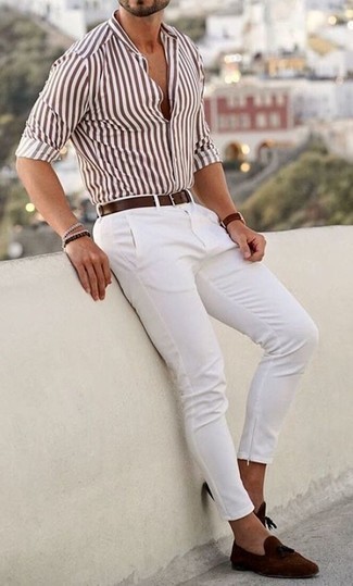 Мужская белая рубашка с длинным рукавом в вертикальную полоску от Golden Goose Deluxe Brand