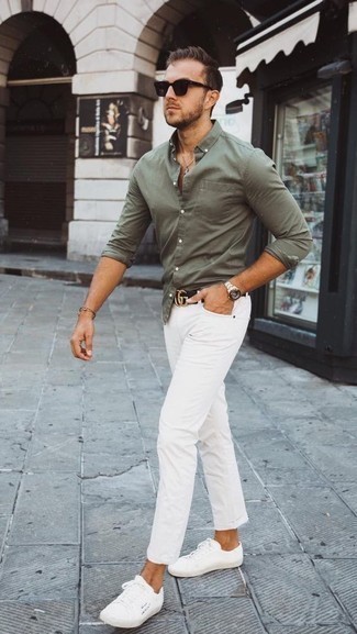 Мужская оливковая рубашка с длинным рукавом от Aspesi