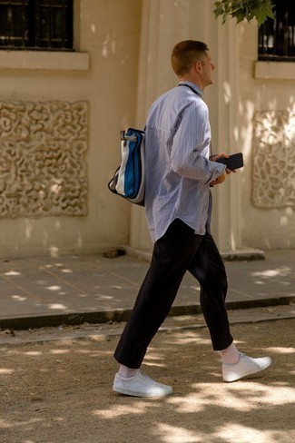 Мужская бело-темно-синяя рубашка с длинным рукавом в вертикальную полоску от Orian