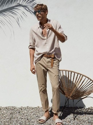 Мужская бежевая льняная рубашка с длинным рукавом от Brunello Cucinelli