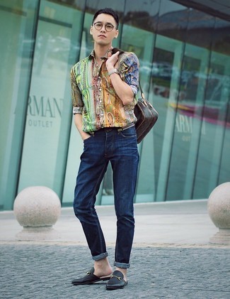 Мужская разноцветная рубашка с длинным рукавом с "огурцами" от VERSACE JEANS COUTURE