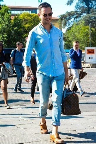 Мужская голубая рубашка с длинным рукавом из шамбре от Brunello Cucinelli