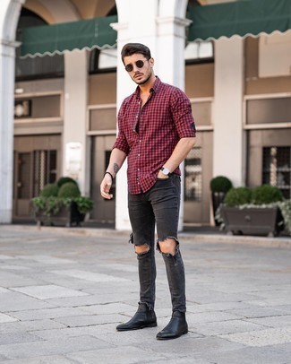 С чем носить темно-красную рубашку с длинным рукавом в мелкую клетку мужчине осень: Если ты ценишь комфорт и функциональность, темно-красная рубашка с длинным рукавом в мелкую клетку и темно-серые рваные зауженные джинсы — замечательный вариант для привлекательного мужского лука на каждый день. В сочетании с черными кожаными ботинками челси такой образ смотрится особенно выгодно. Разве это не отличное ансамбль из на осень?