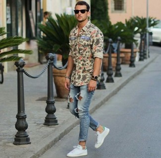 Мужская оливковая рубашка с длинным рукавом с камуфляжным принтом от Diesel