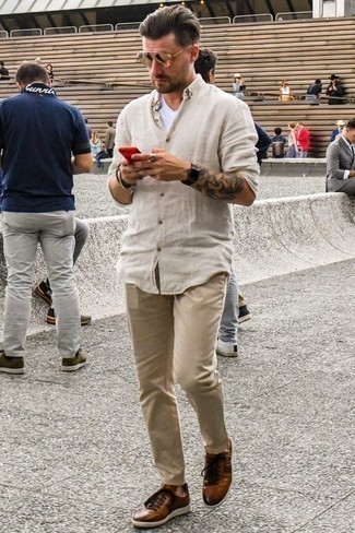 Мужская бежевая льняная рубашка с длинным рукавом от Brunello Cucinelli
