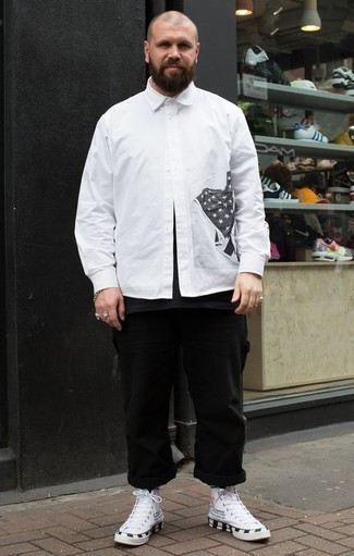 Мужская бело-черная рубашка с длинным рукавом с принтом от Philipp Plein