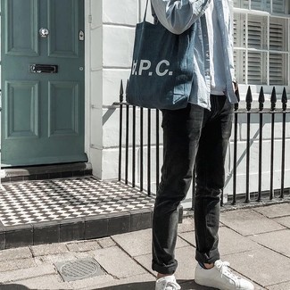Мужская темно-синяя джинсовая большая сумка с принтом от A.P.C.