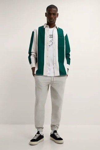Мужская бело-зеленая рубашка с длинным рукавом в вертикальную полоску от Polo Ralph Lauren