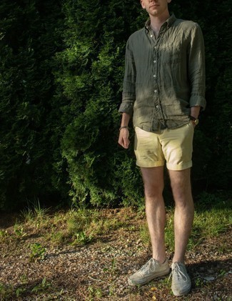 Мужская оливковая льняная рубашка с длинным рукавом от Xacus