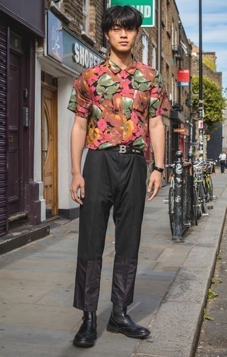 Мужская разноцветная рубашка с коротким рукавом с цветочным принтом от Pierre Louis Mascia