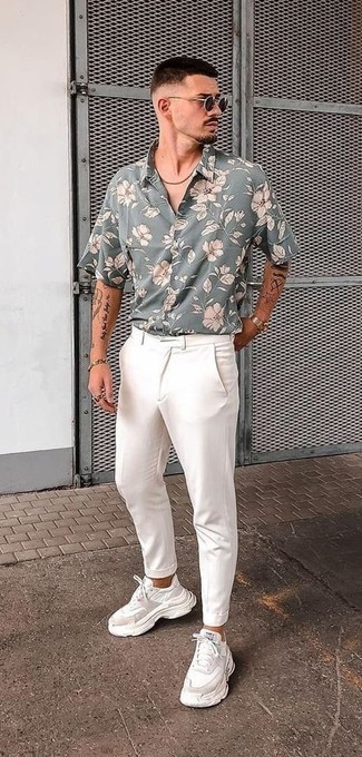 Мужская серая рубашка с коротким рукавом с цветочным принтом от Acne Studios