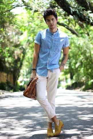 Мужская голубая джинсовая рубашка с коротким рукавом от Nanushka