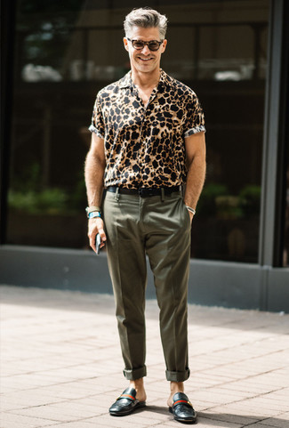 Мужская светло-коричневая рубашка с коротким рукавом с леопардовым принтом от Saint Laurent