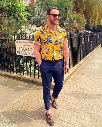 Мужская горчичная рубашка с коротким рукавом с цветочным принтом от Valentino