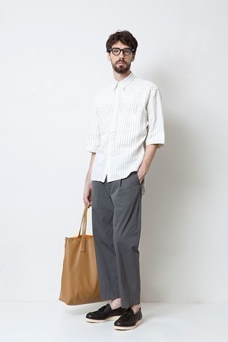 Мужская белая рубашка с коротким рукавом в вертикальную полоску от Comme Des Garcons SHIRT