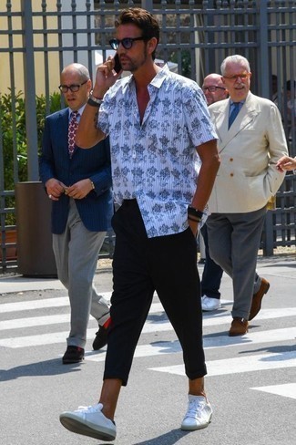 Мужская бело-черная рубашка с коротким рукавом с принтом от Dolce & Gabbana