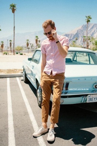 Мужская розовая рубашка с коротким рукавом в вертикальную полоску от Calvin Klein 205W39nyc