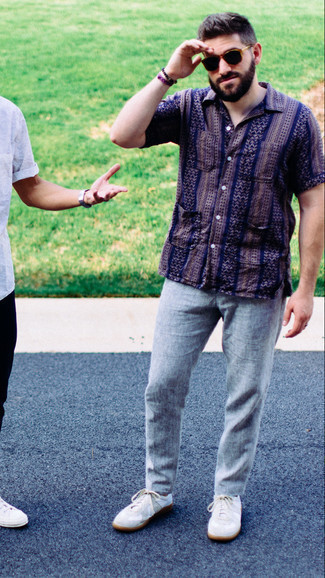 Мужская темно-синяя рубашка с коротким рукавом с принтом от Thom Browne
