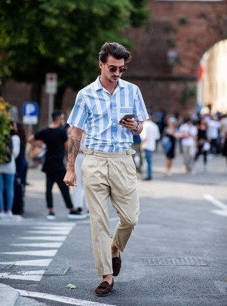 Мужская голубая рубашка с коротким рукавом в вертикальную полоску от AMI Alexandre Mattiussi