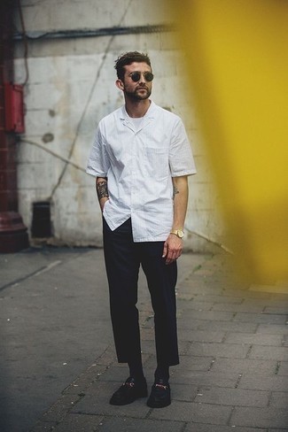 Мужская белая рубашка с коротким рукавом в вертикальную полоску от Emporio Armani