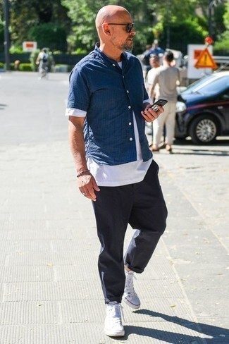 Мужская темно-синяя рубашка с коротким рукавом в вертикальную полоску от Saint Laurent