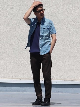 Мужская голубая джинсовая рубашка с коротким рукавом от Z Zegna