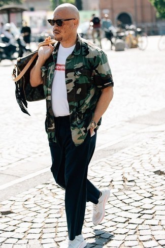 Мужская оливковая рубашка с коротким рукавом с камуфляжным принтом от Dolce & Gabbana