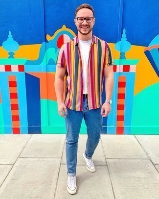Мужская разноцветная рубашка с коротким рукавом в вертикальную полоску от Costumein