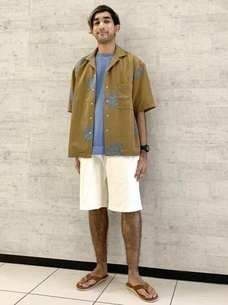 Мужская светло-коричневая рубашка с коротким рукавом с принтом от Yoshiokubo