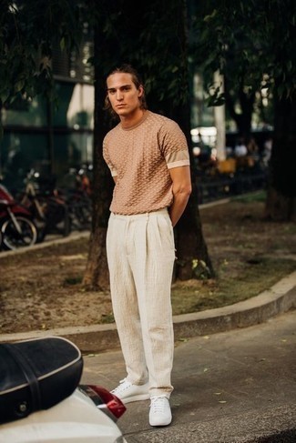Мужская светло-коричневая футболка с круглым вырезом с принтом от Helmut Lang