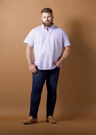 Мужская светло-фиолетовая рубашка с коротким рукавом в клетку от Thom Browne