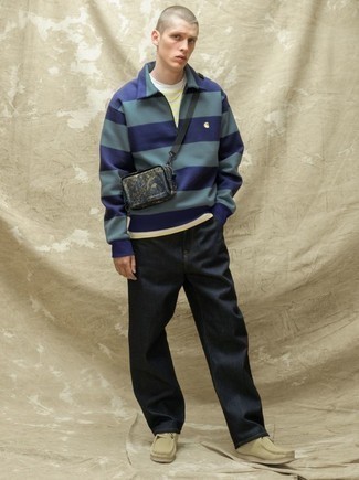 Мужской темно-синий свитер с воротником поло в горизонтальную полоску от Polo Ralph Lauren