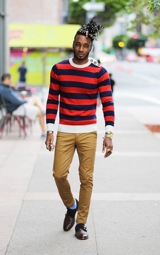 Мужской бело-красно-синий свитер с круглым вырезом в горизонтальную полоску от Loveless