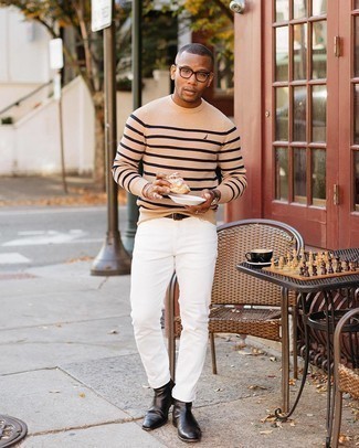 Мужской светло-коричневый свитер с круглым вырезом в горизонтальную полоску от Calvin Klein 205W39nyc