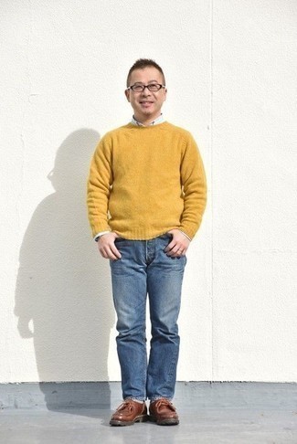 Мужской горчичный свитер с круглым вырезом от MAISON KITSUNÉ