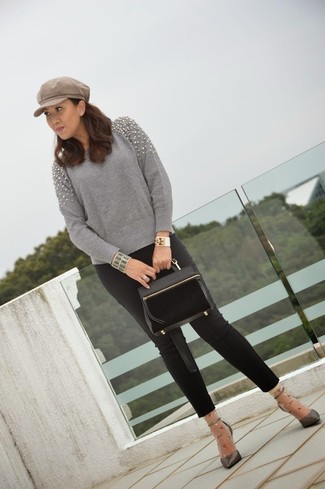 Женский серый свитер с круглым вырезом с украшением от Blugirl