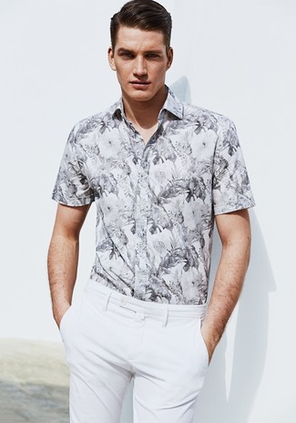 Мужская серая рубашка с коротким рукавом с цветочным принтом от Alexander McQueen