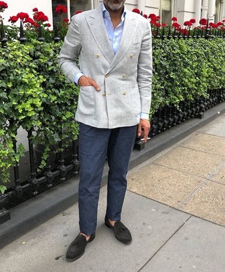 Мужской серый льняной двубортный пиджак от Lardini